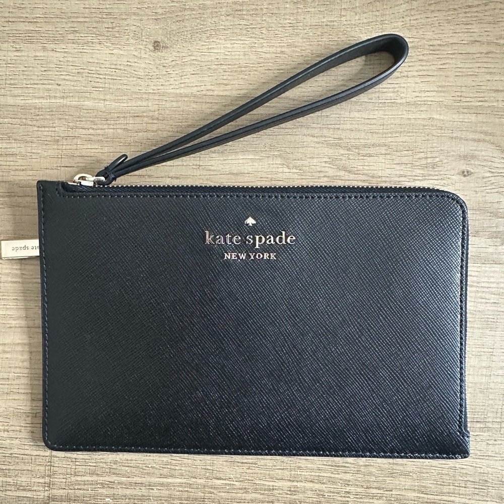 Kate Spade Staci Saffiano Leather Medium Zip Wristlet (Black)